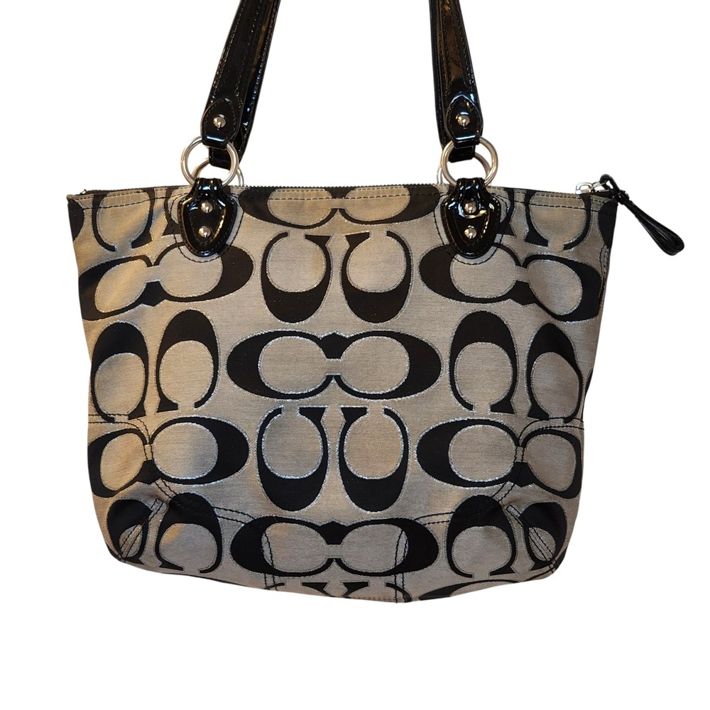 Coach Daisy Signature Tote Black Silver Jacquard Patent Leather Y2K